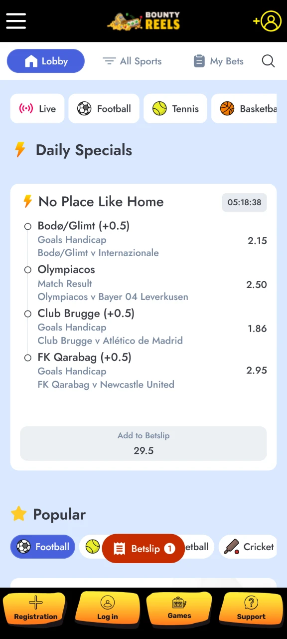 Check the latest betting odds in the Bounty Reels App sport section.