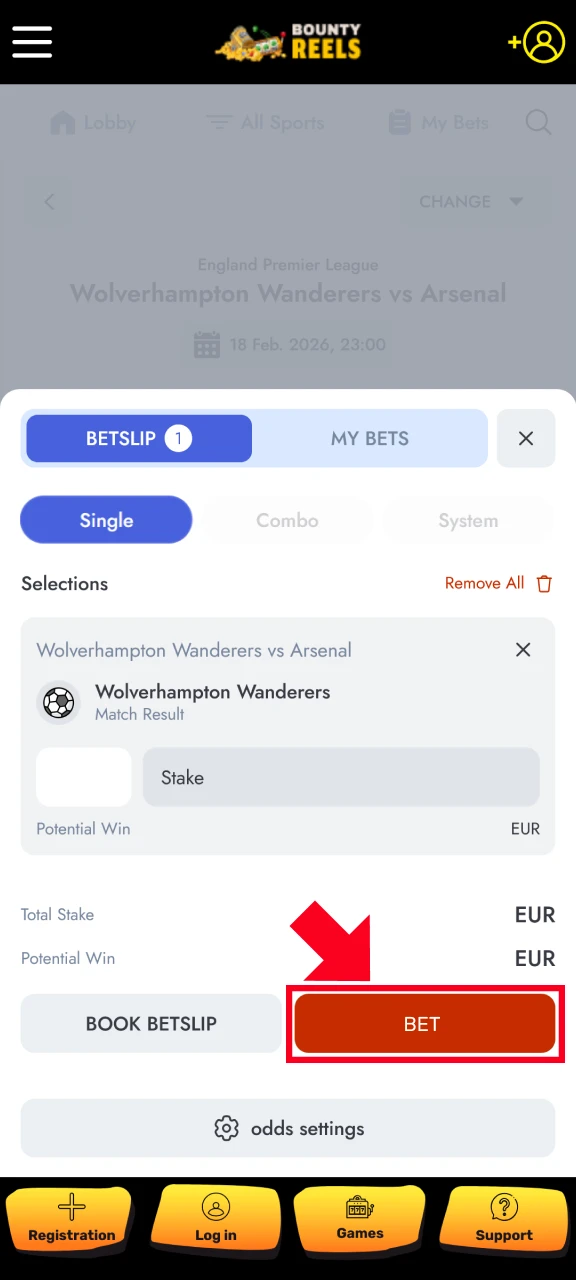 Place and confirm your final wager using the Bounty Reels App interface.