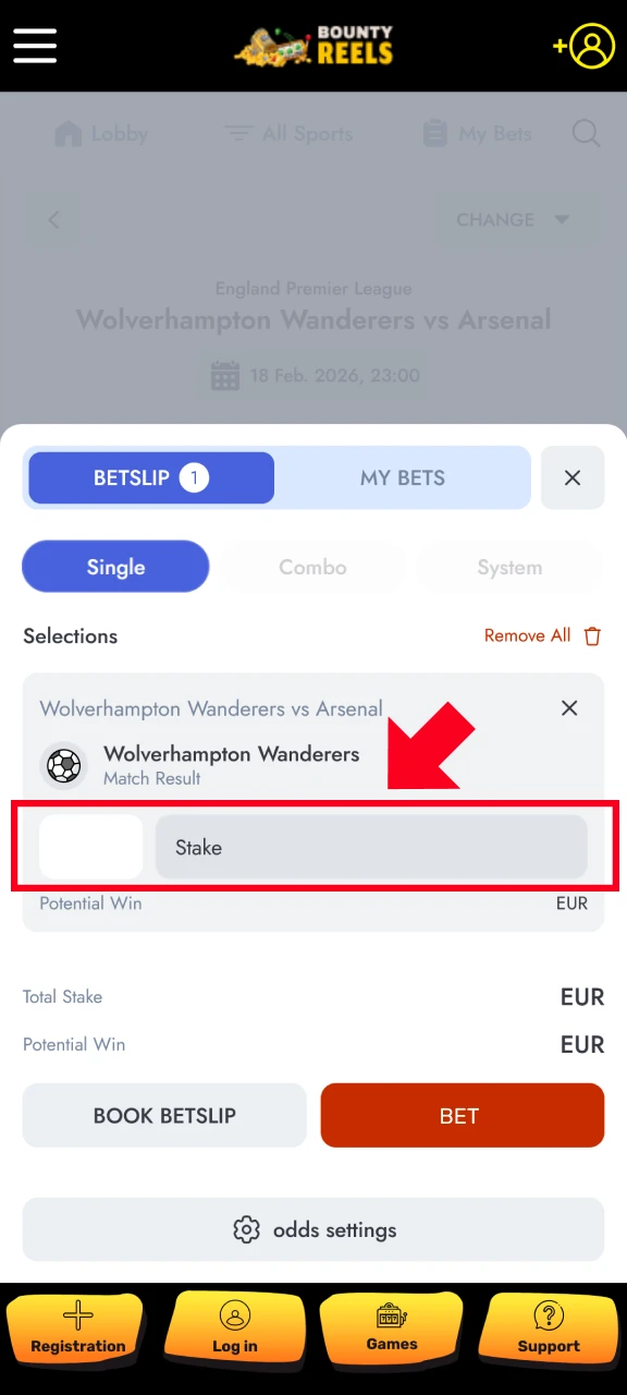Open the Bounty Reels App bet slip and enter your desired stake.