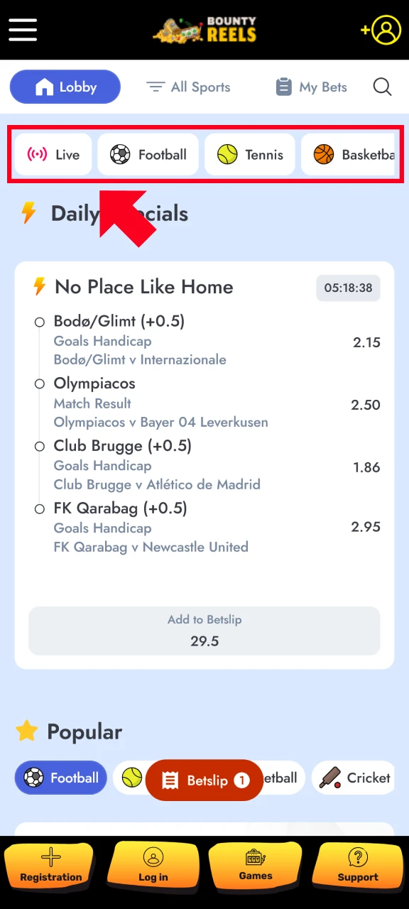 Navigate to the Sports section and select live or pre-match events in the Bounty Reels App.