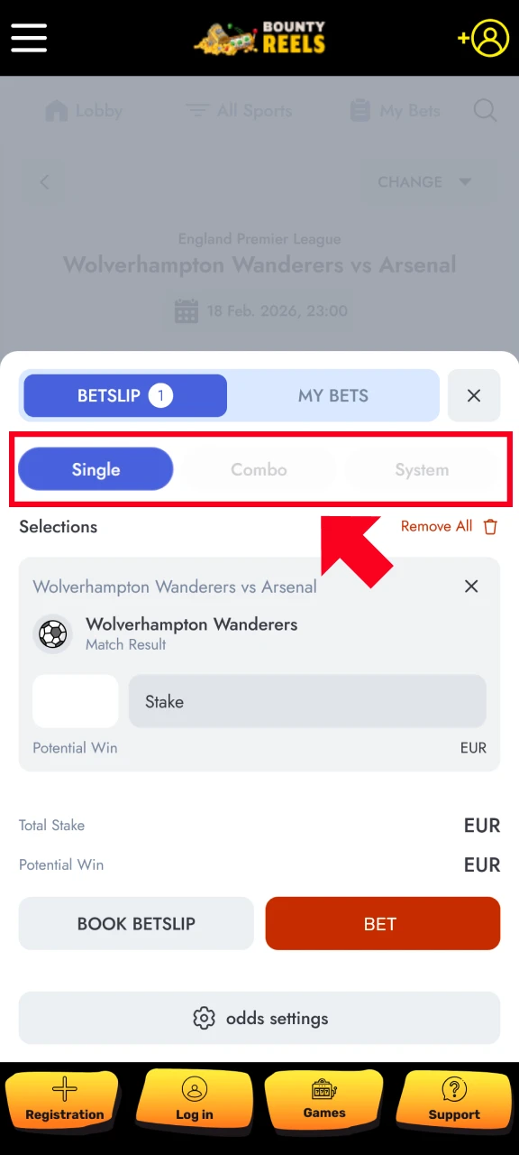 Choose between single, accumulator, or system bets inside the Bounty Reels App.