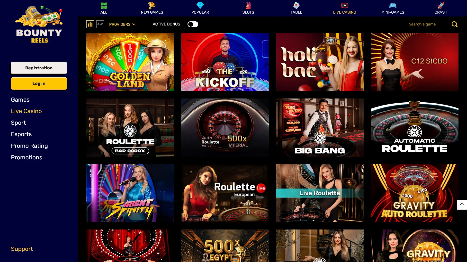 Visit the Bounty Reels Live Casino section to play top-rated slots.