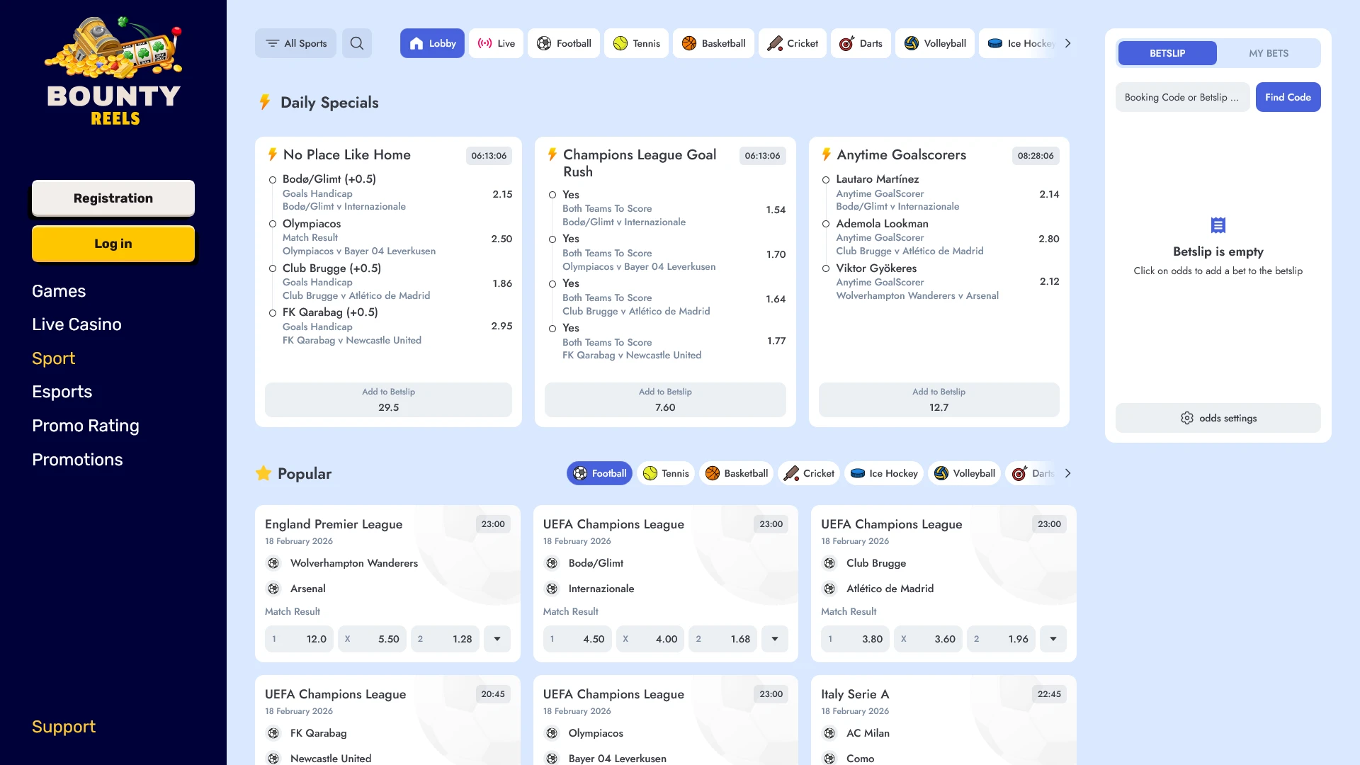 Access the Bounty Reels Sport page and place winning bets.