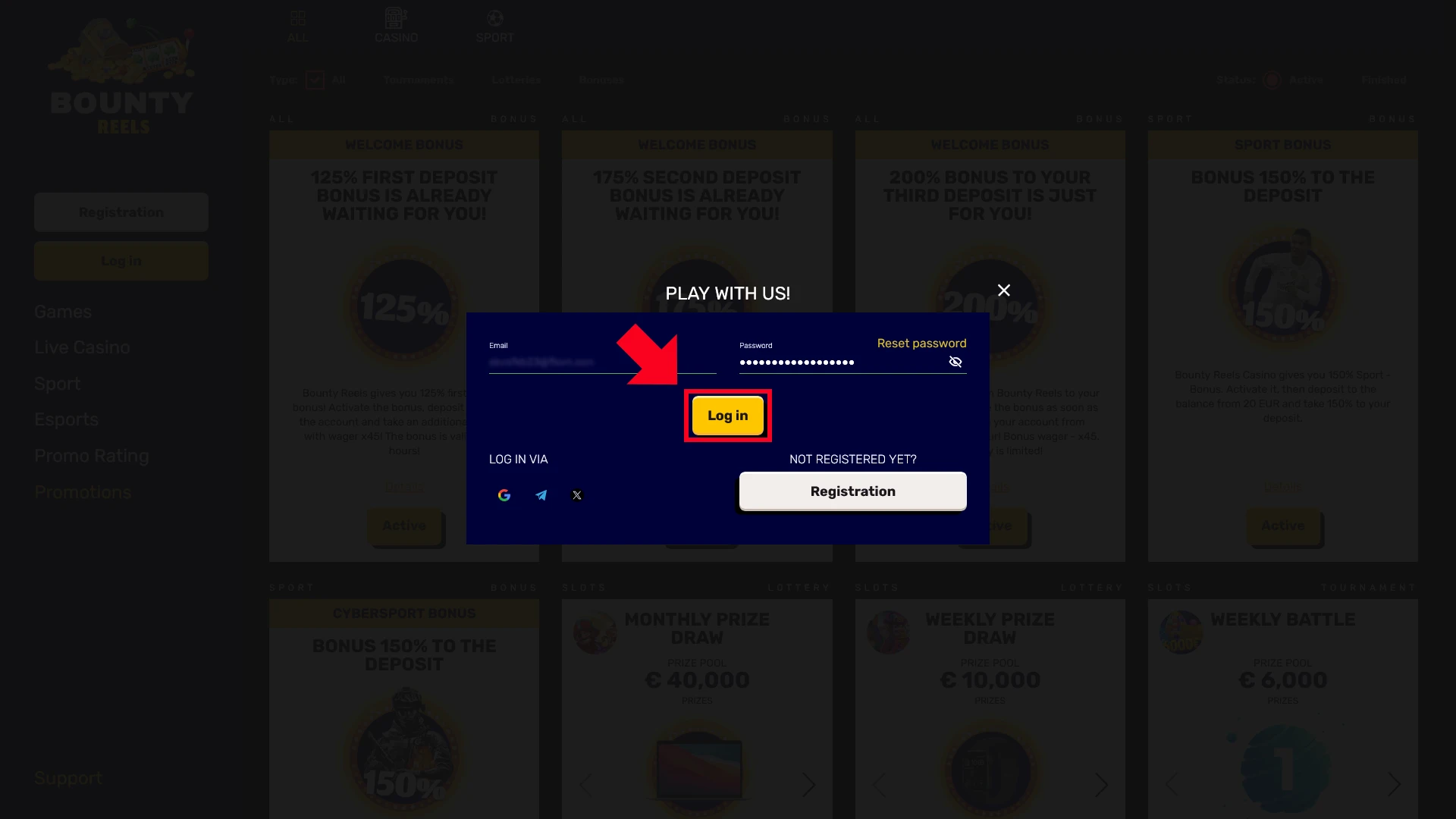 Press Sign in and finish your Bounty Reels Login to start playing.