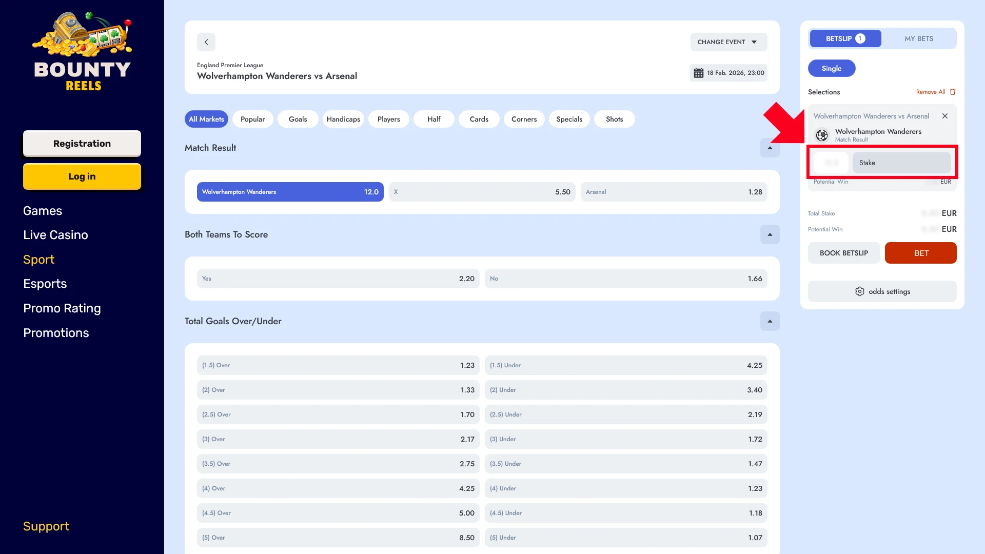 Choose a single or multiple stake on the Bounty Reels Sports platform.