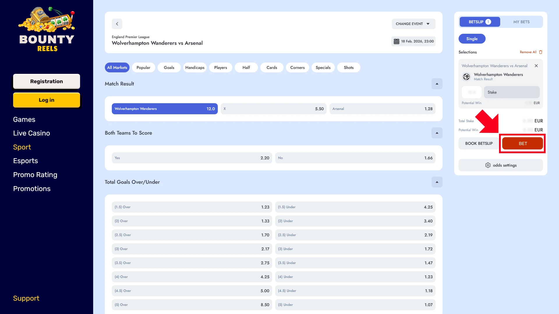 Confirm your Bounty Reels Sports odds to finalize your prediction.