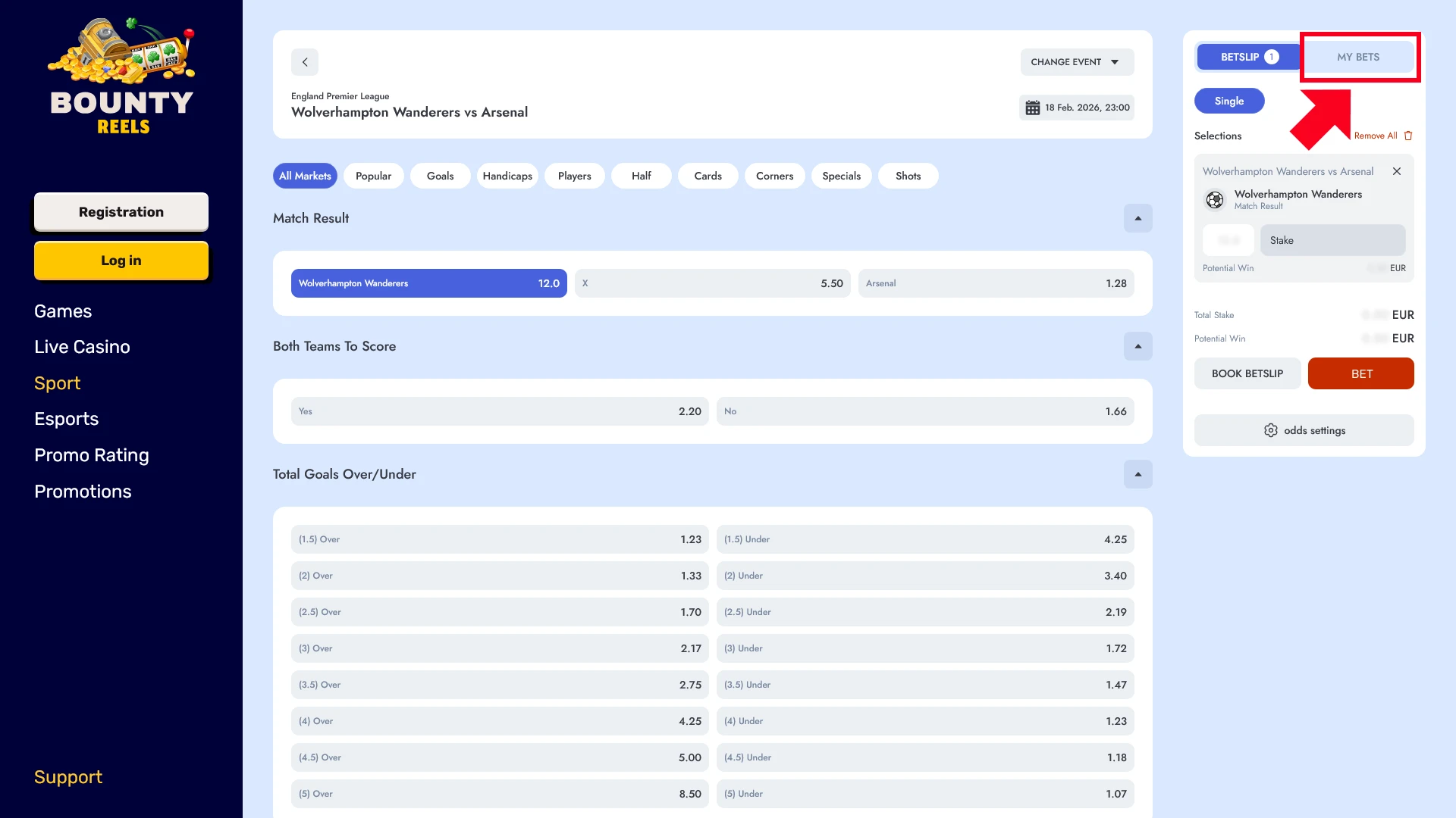 Manage your active Bounty Reels Sports wagers in the personal cabinet.