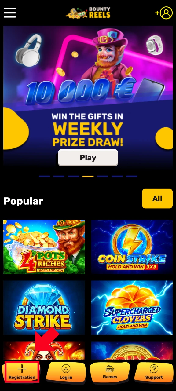 Start the Bounty Reels Registration process by opening the official app in the UK.