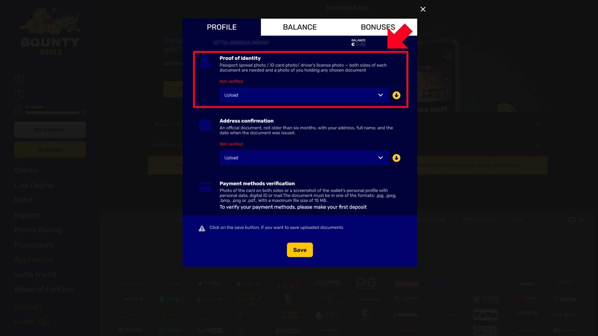 Complete the Bounty Reels verification by submitting your identity documents.