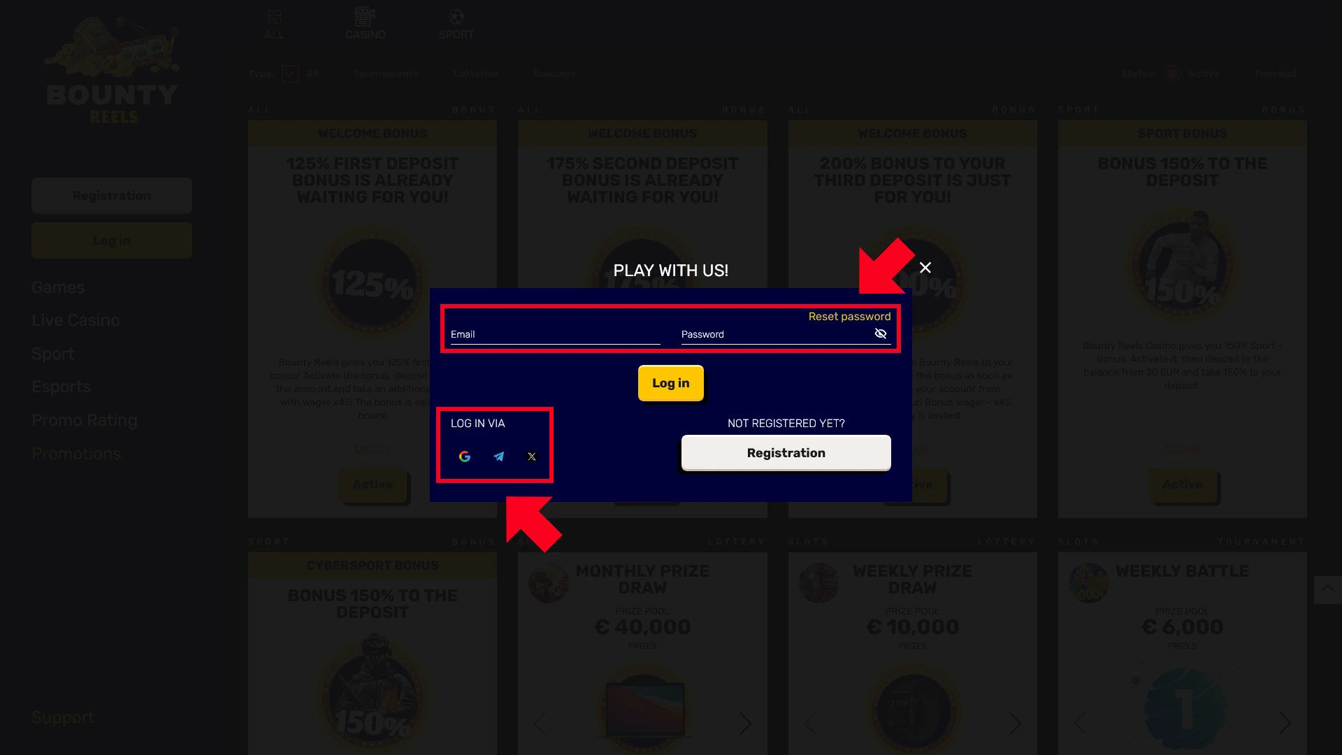 Choose your preferred login method to proceed with Bounty Reels registration.