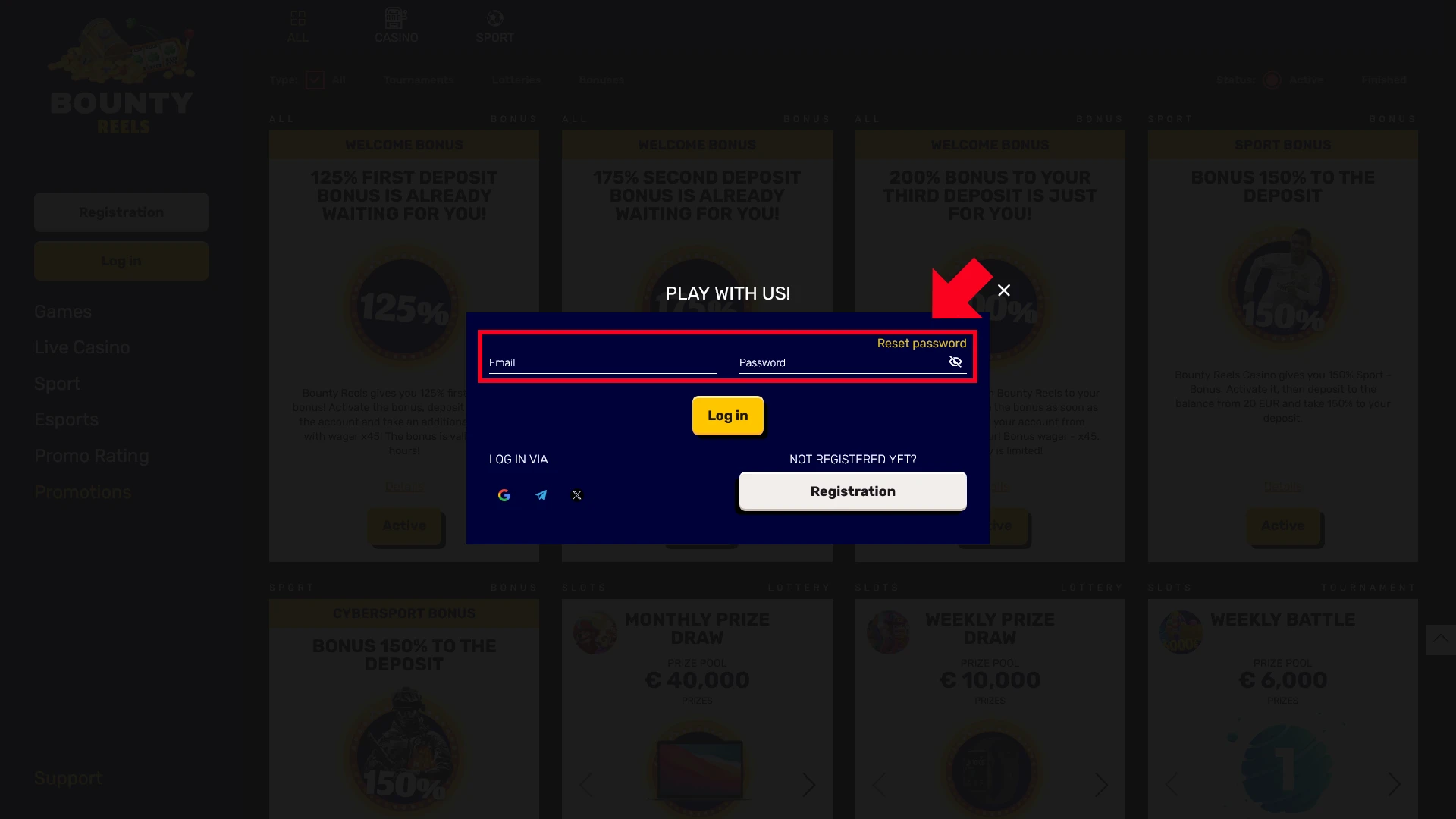 Enter credentials into the Bounty Reels login form for quick access.
